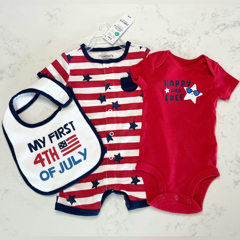 Carter’s July 4th Bundle, Romper, Bodysuit & Bib, 0-3 months, Red, White & Blue